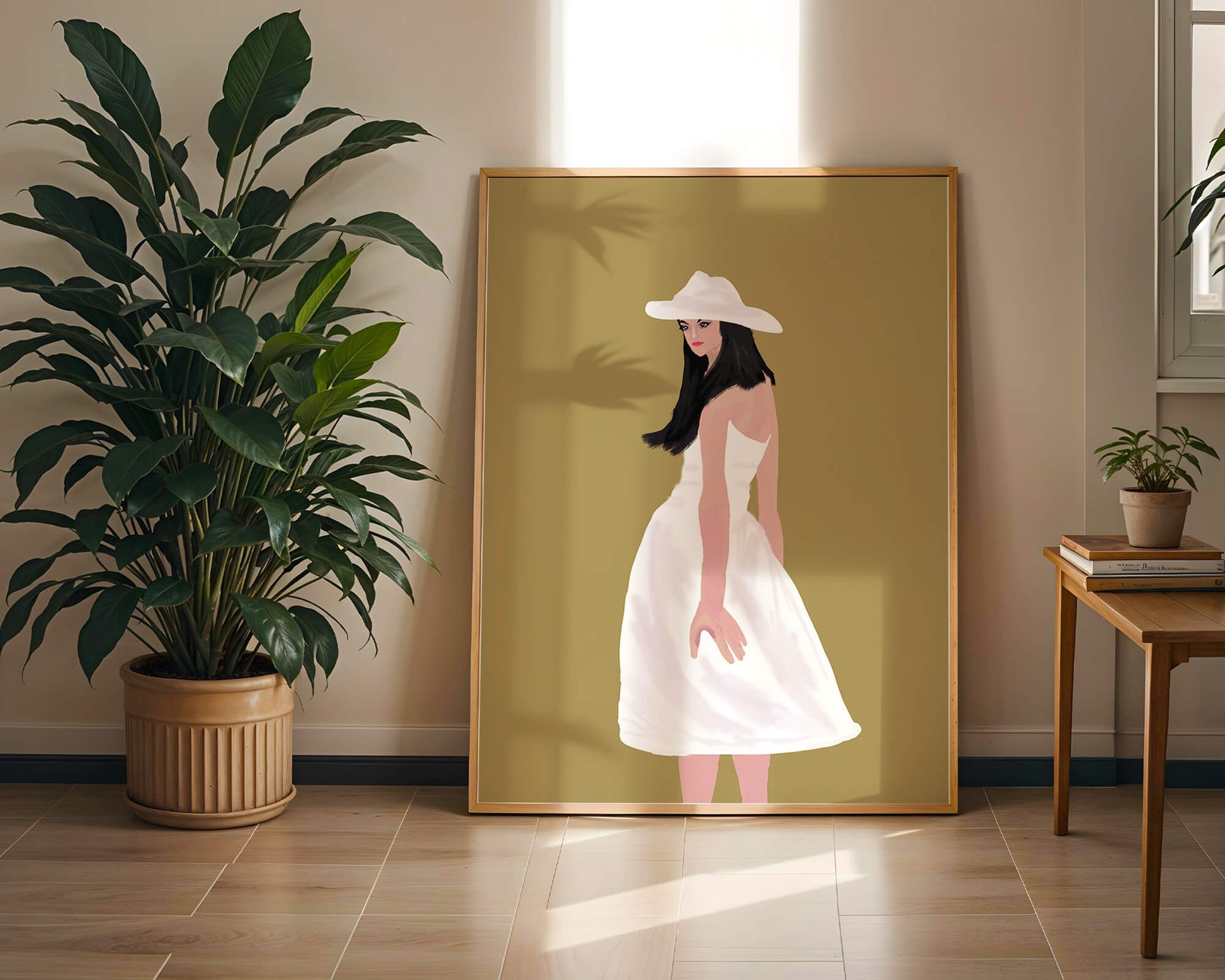 Woman in a white dress and hat on a gold background