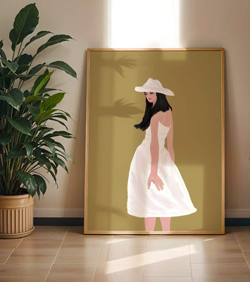 Woman in a white dress and hat on a gold background