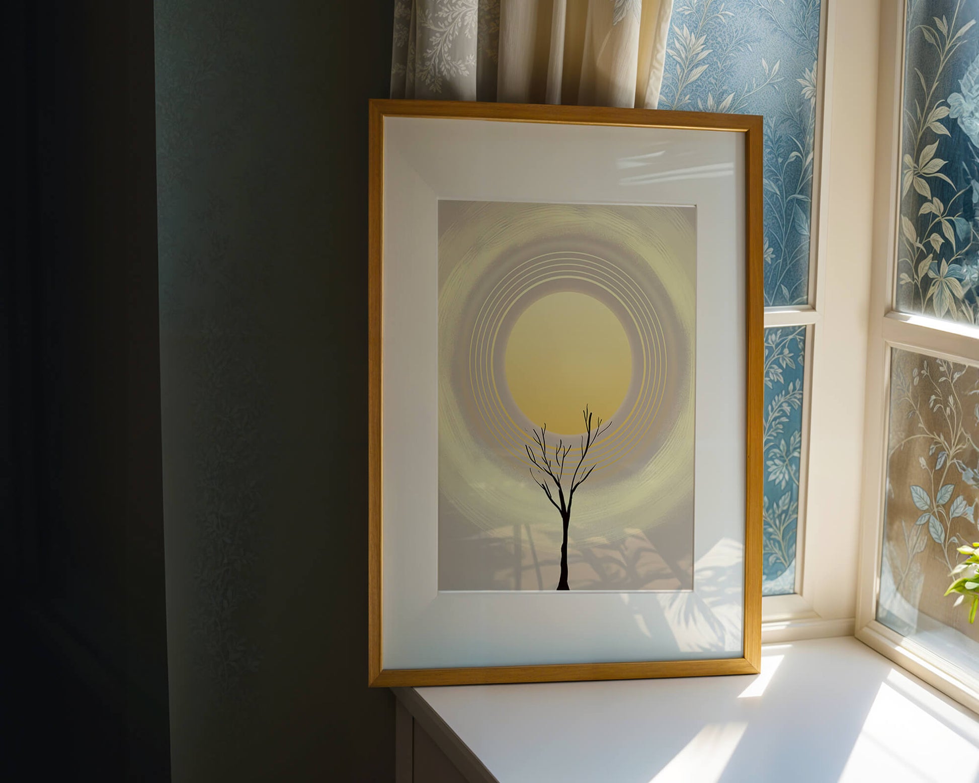 Silueta estilizada de un árbol con círculos concéntricos y un sol grande