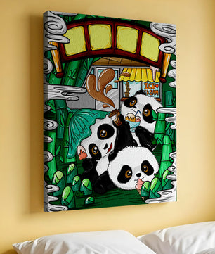 Ilustración de pandas encantadores disfrutando de helado bajo un puente de bambú