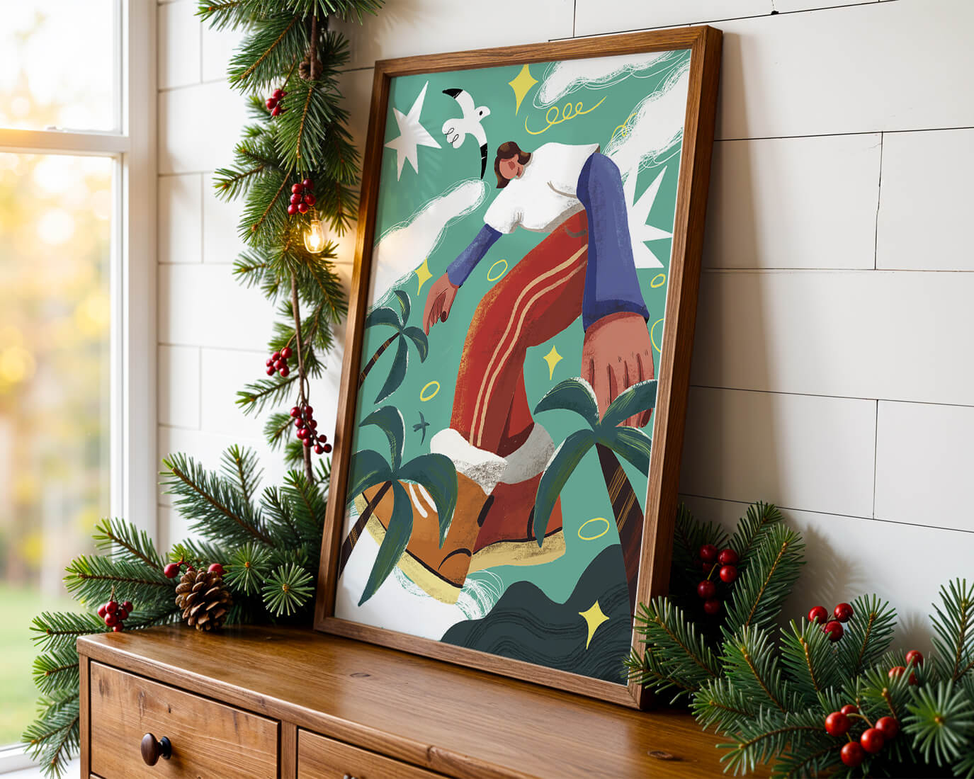 Colorful Abstract Surreal Landscape with Giant Figure and Nature Elements