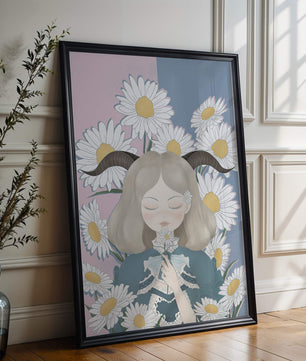 Ilustración de una niña con margaritas y cuernos sobre un fondo pastel