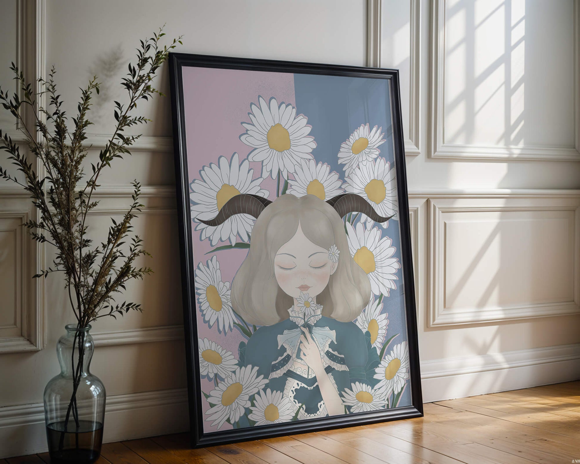 Illustration of girl with daisies and horns on a pastel background