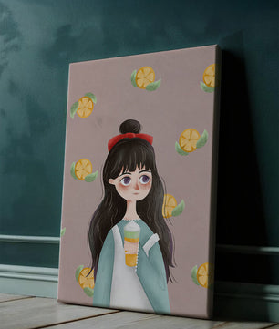 Illustration of a girl with a beverage surrounded by citrus slices