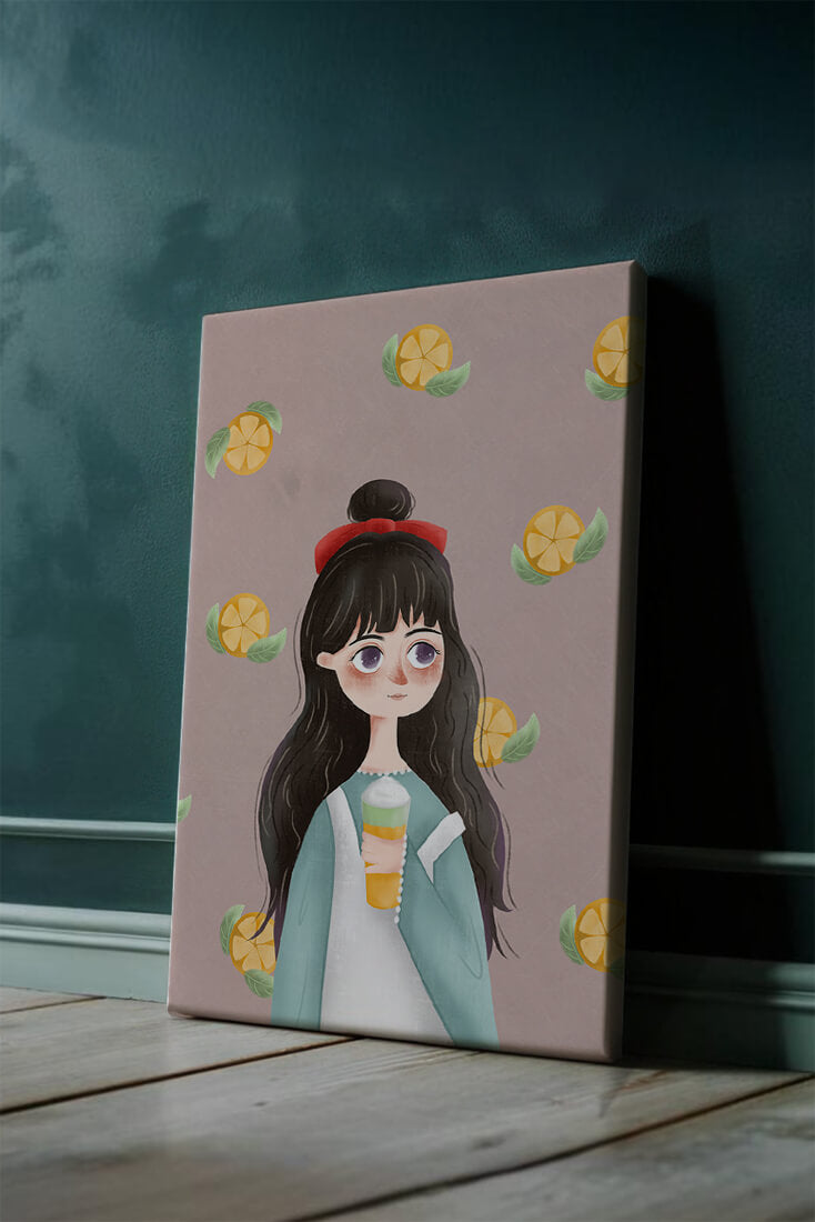 Illustration of a girl with a beverage surrounded by citrus slices