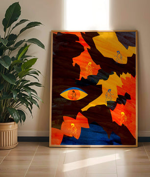 Abstract colorful artwork with eye and silhouettes