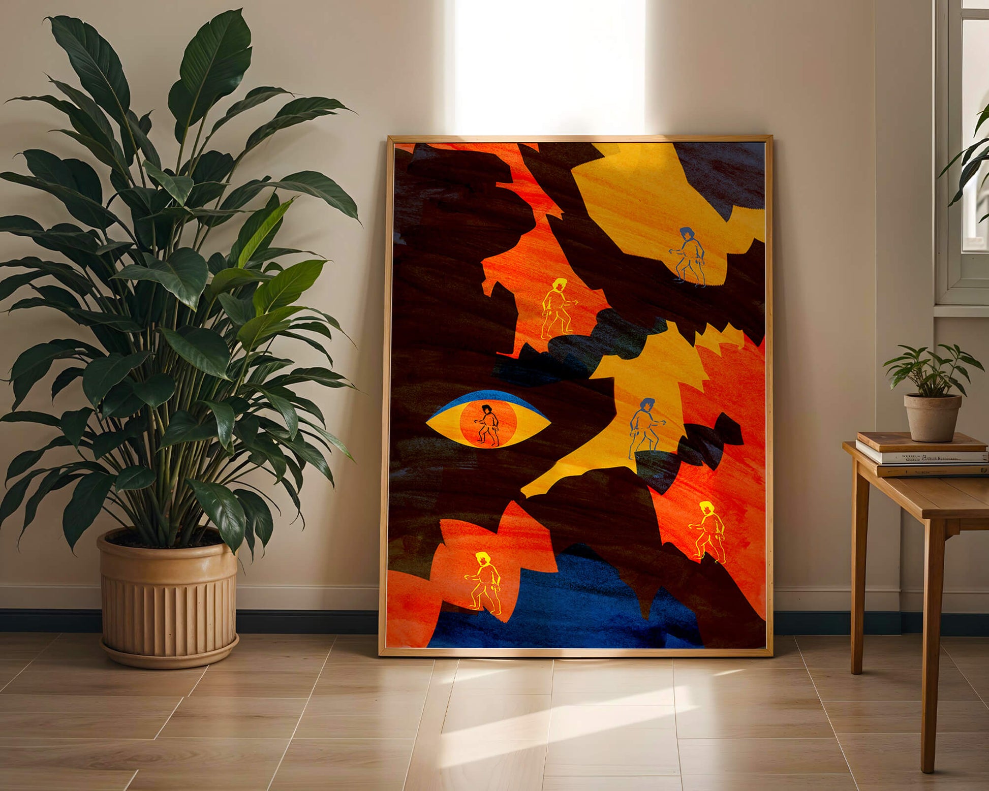 Abstract colorful artwork with eye and silhouettes