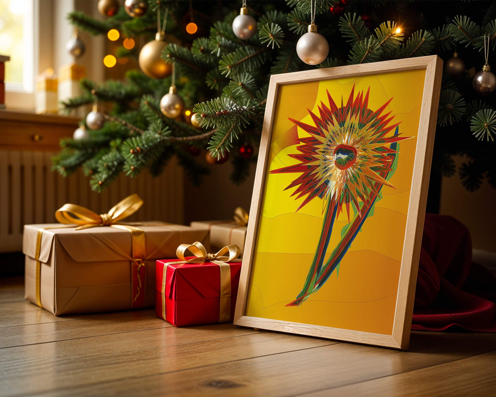 Abstract vibrant sunflower art with dynamic geometric shapes