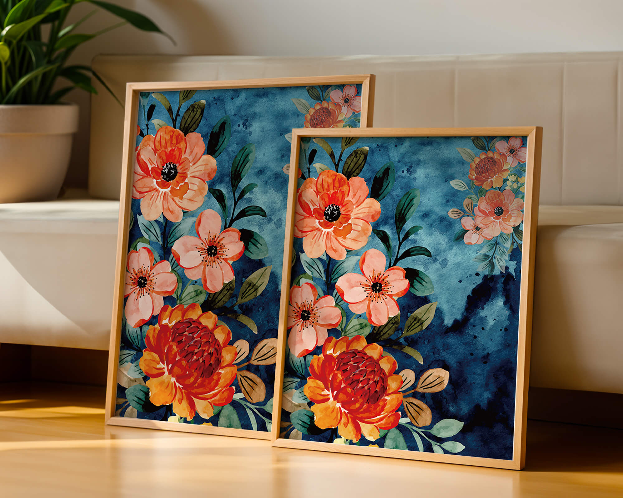 Vibrant floral watercolor design with orange blossoms and blue background