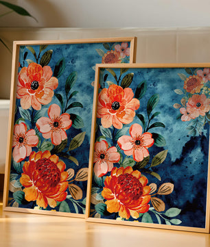Vibrant floral watercolor design with orange blossoms and blue background