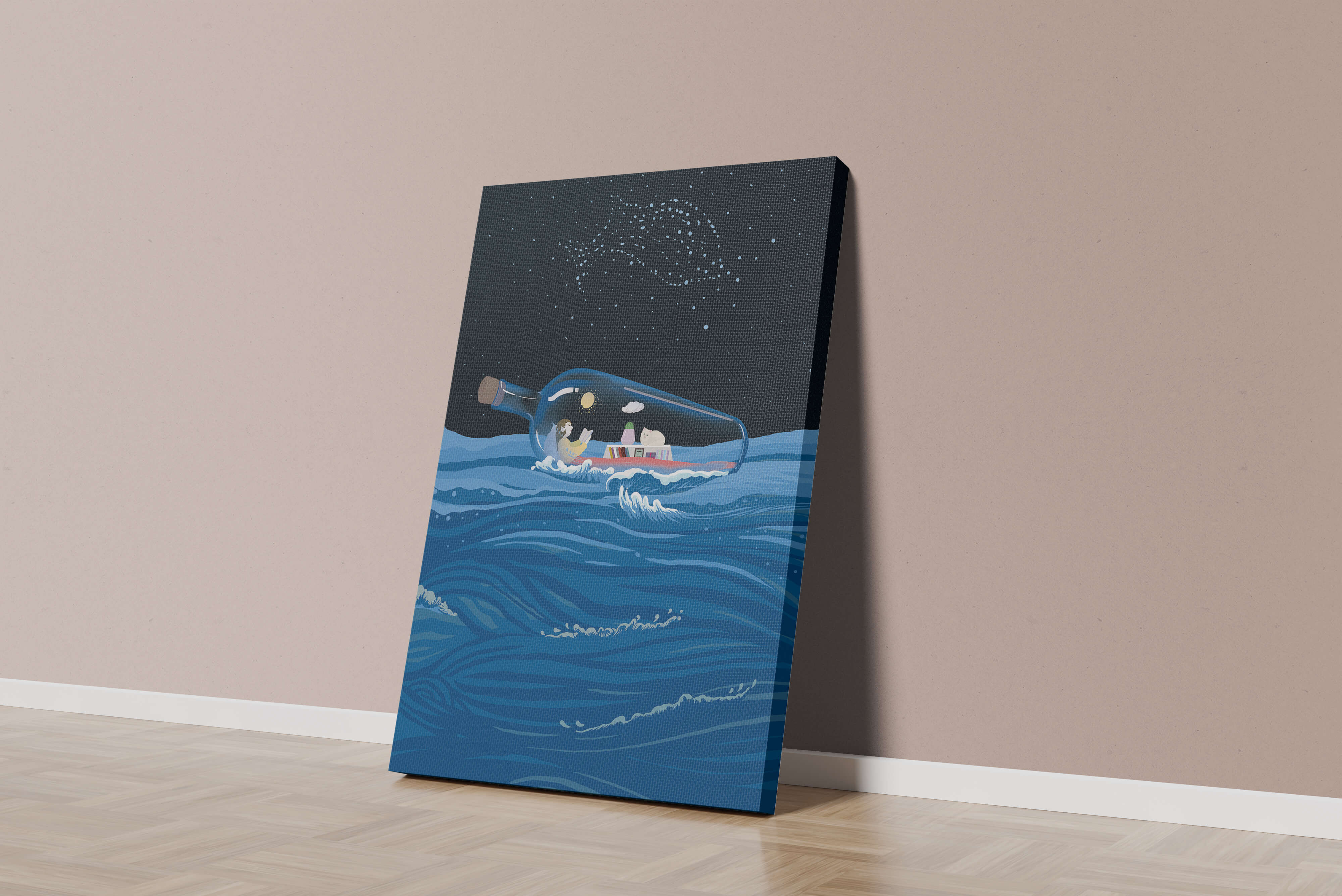 Surreal illustration of a bottle on the ocean with a starry night sky