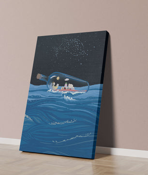 Surreal illustration of a bottle on the ocean with a starry night sky