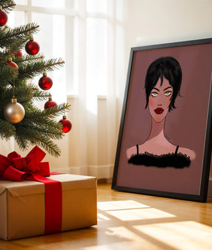 Illustration einer Frau mit kurzen schwarzen Haaren und auffälligem Make-up auf braunem Hintergrund