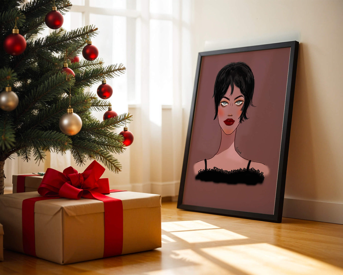 Illustration of a woman with short black hair and striking makeup on a brown background