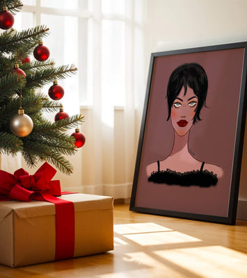 Illustration of a woman with short black hair and striking makeup on a brown background