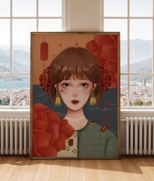 Digital art of a girl with floral and lantern elements
