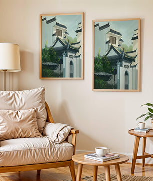Traditional Asian architecture with lush greenery