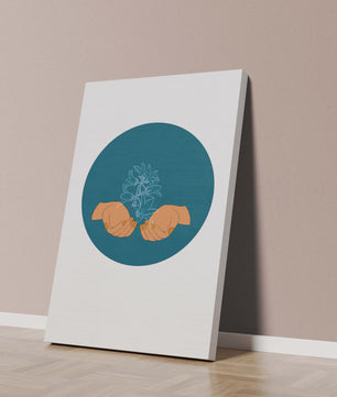 Illustration of Hands Holding a Plant with Teal Background