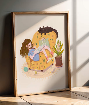 Cozy Reading Corner with Relaxed Girl and Cat