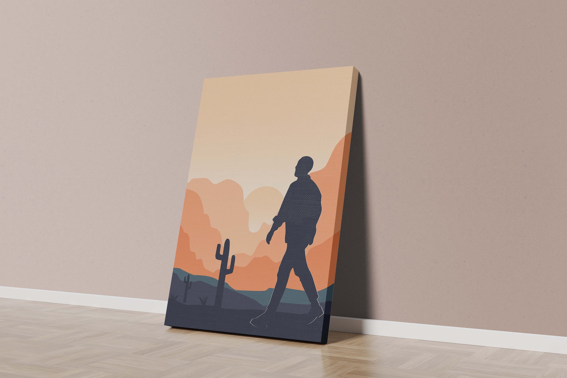 Silhouetted figure walking in desert landscape at sunset