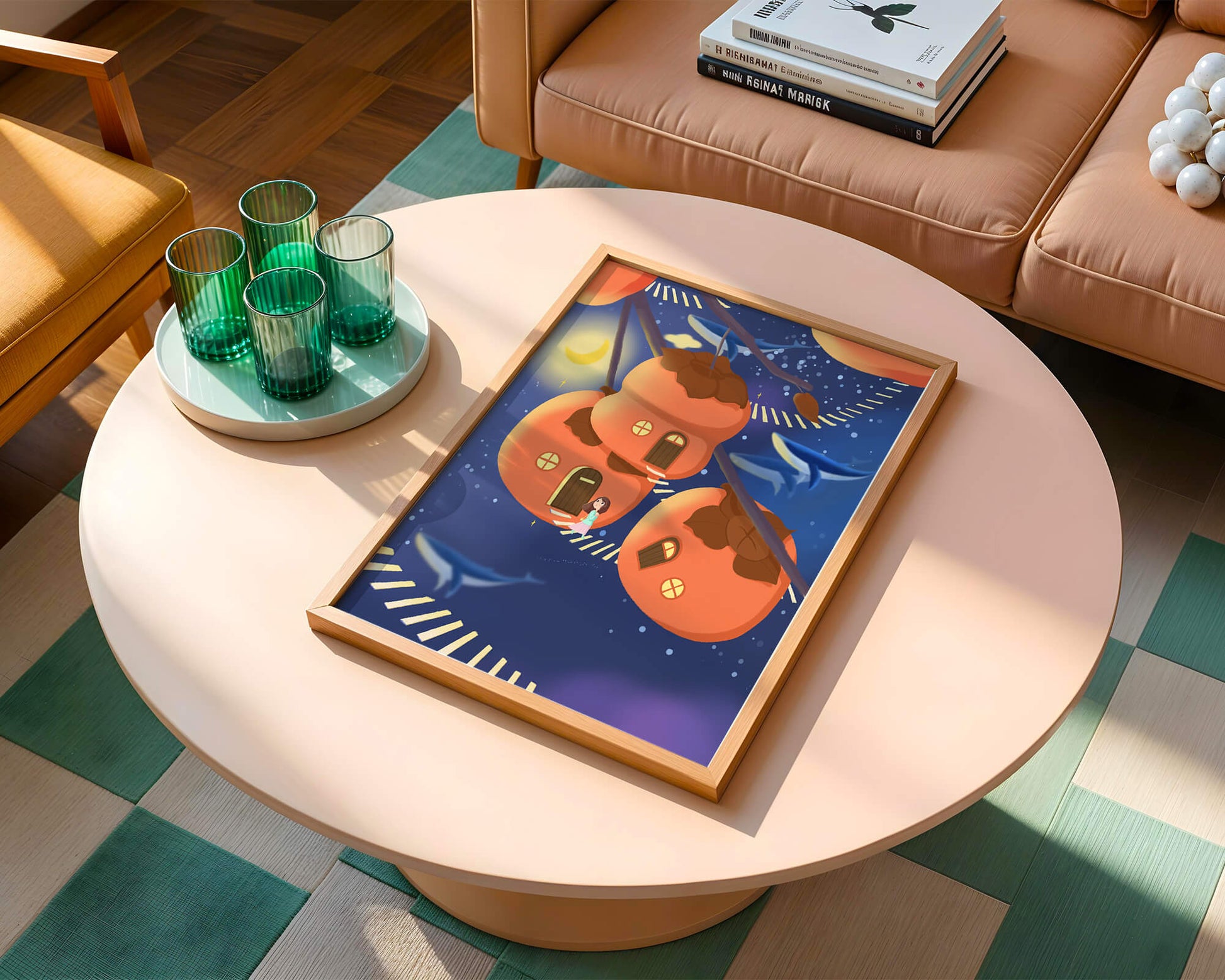 Whimsical night scene with floating persimmon houses and swimming whales