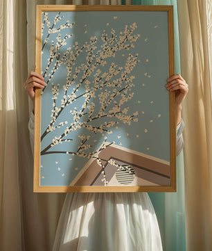 Blooming Branches Against a Clear Sky with Geometric Shapes