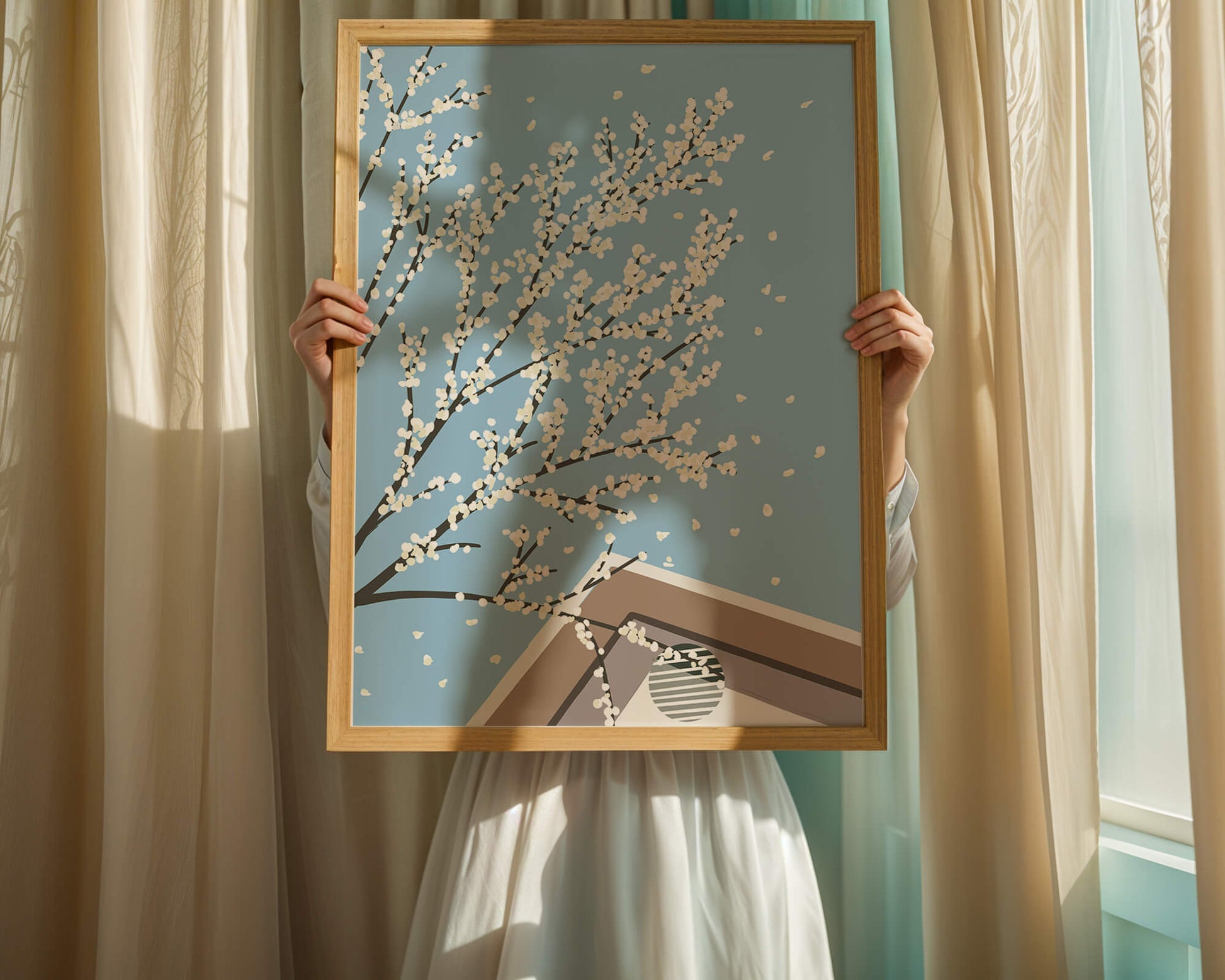 Blooming Branches Against a Clear Sky with Geometric Shapes