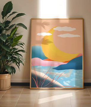 Abstract Landscape with Yellow Crescent and Pastel Colors