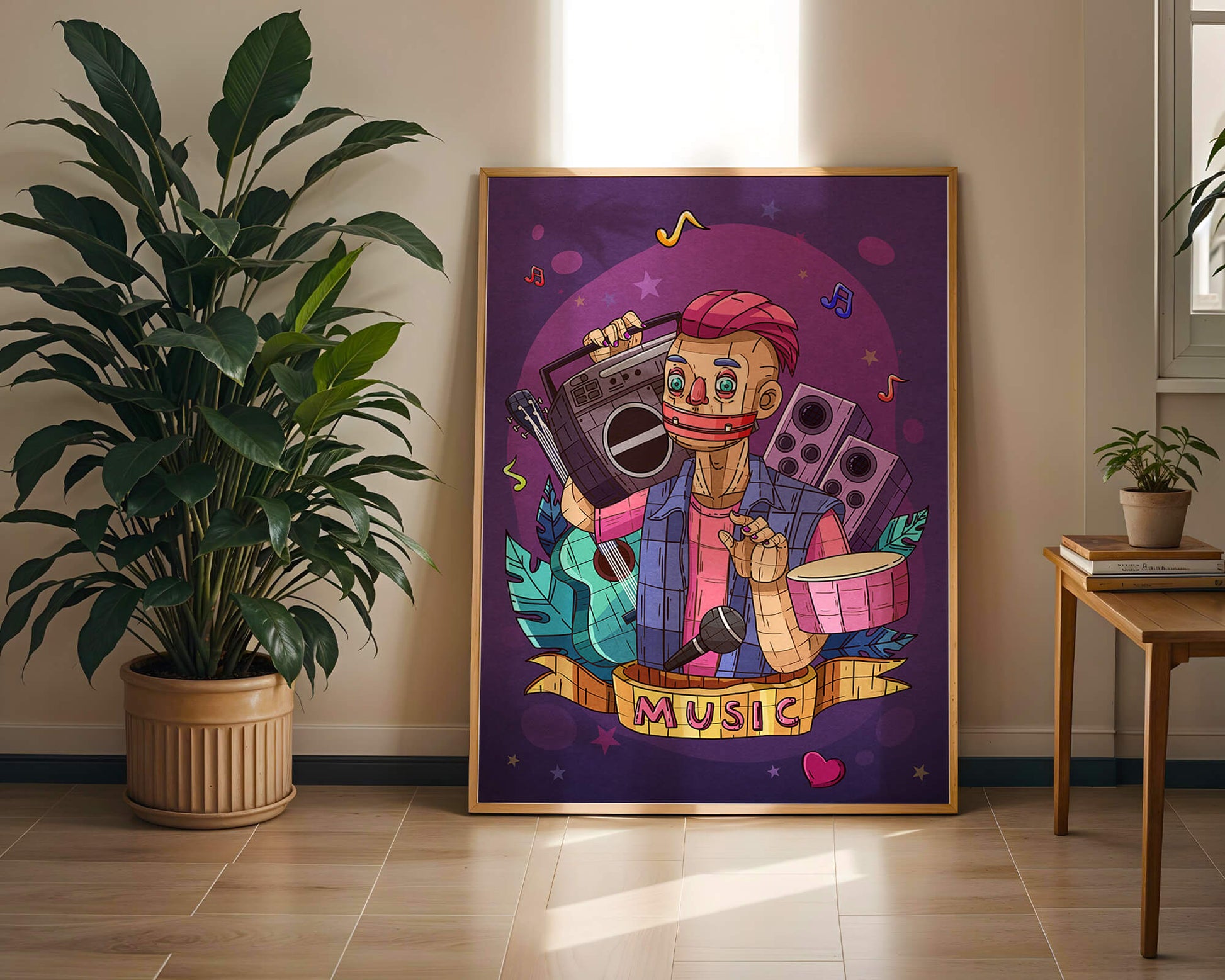 Illustration colorée sur le thème de la musique avec un personnage et des instruments
