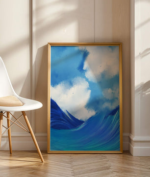 Olas oceánicas hermosas bajo un cielo nublado en una obra de arte