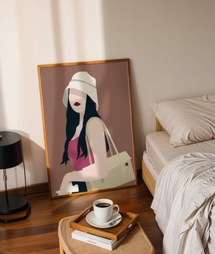 Ilustración elegante de una mujer con sombrero de cubo y ropa casual