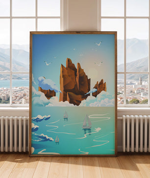 Majestic Sea Cliffs and Sailboats in Serene Landscape