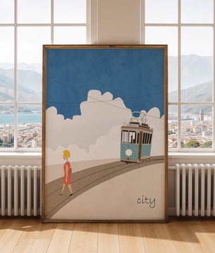 Urban scene with tram and pedestrian under a blue sky
