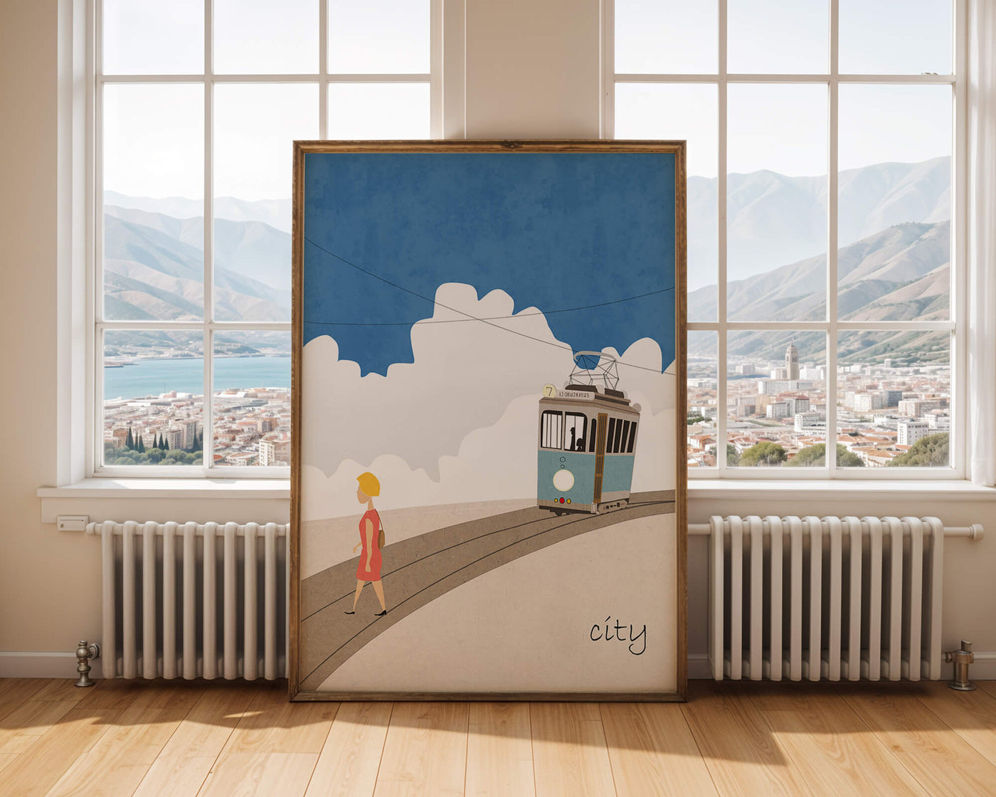 Urban scene with tram and pedestrian under a blue sky