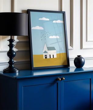 Paisaje minimalista con una casa blanca y cielo