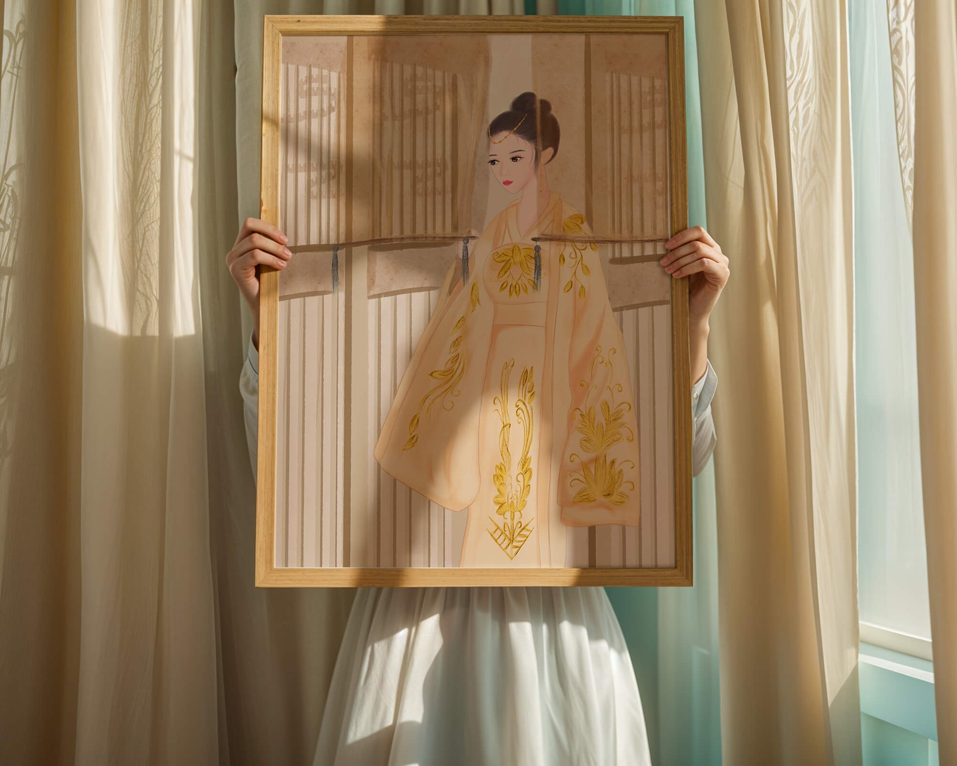 Traditional Chinese attire with gold embroidery and elegant design