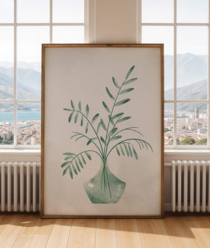 Illustration minimaliste à l’aquarelle de feuilles vertes dans un vase en verre