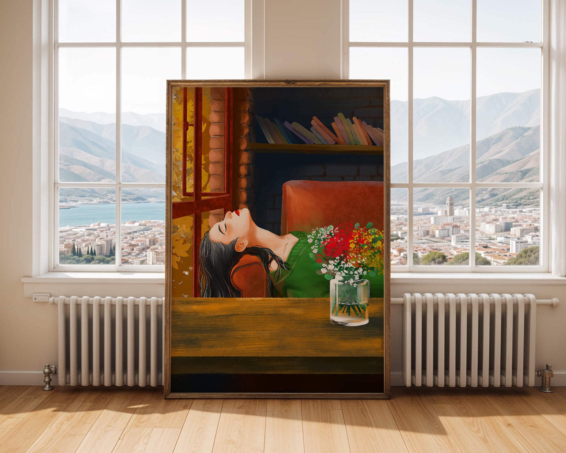 Frau entspannt sich am Fenster mit Blumenstrauß und Büchern