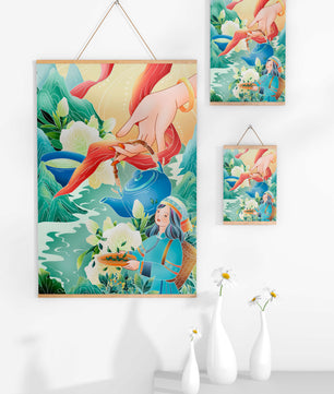 Escena ilustrativa de la cultura del té con montañas y elementos florales