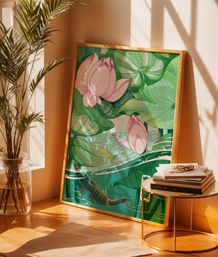 Illustration nature sereine avec fleurs de lotus et vie aquatique