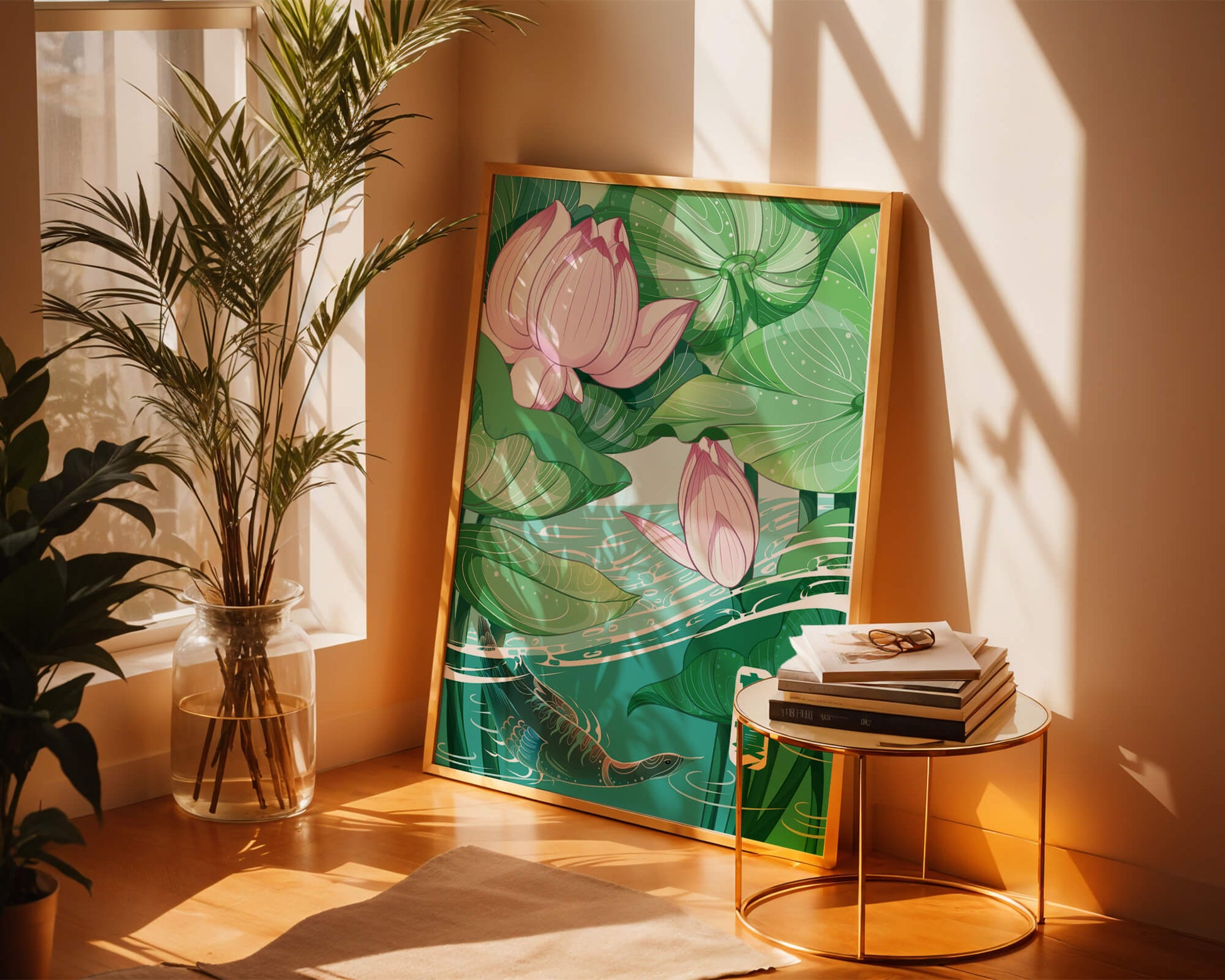 Ilustración de la naturaleza serena con flores de loto y vida acuática