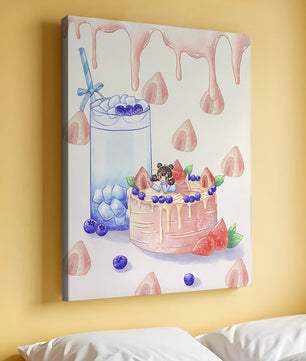Escena de postre caprichosa con pastel y bebida con acentos juguetones