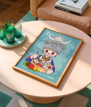 Charming illustration of a person in traditional attire enjoying a meal