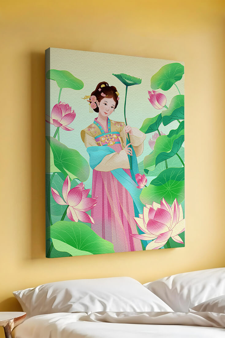 Traditional Asian woman in a garden surrounded by lotus flowers and green leaves