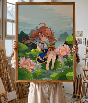 Chica de anime sentada en hojas de lirio con montañas al fondo