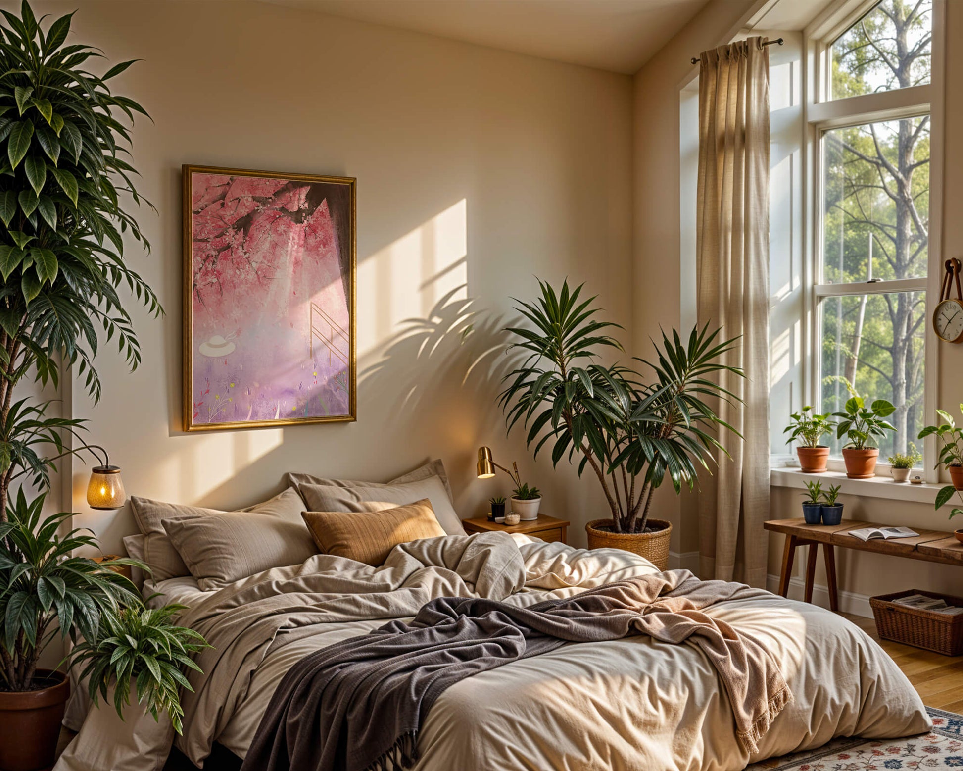 Cherry Blossom Garden with Spring Flowers and Sunlight