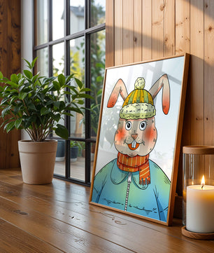 Whimsical cartoon bunny in winter attire with a striped scarf and beanie hat