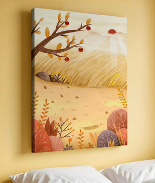 Autumn landscape illustration with apple tree and sunrise in a serene field