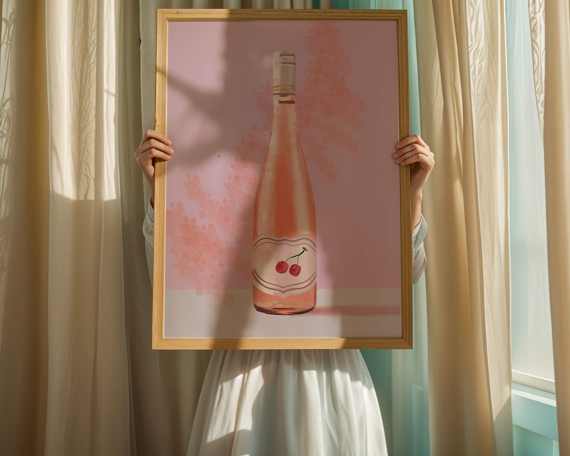 Illustrated wine bottle with a cherry label on pink background