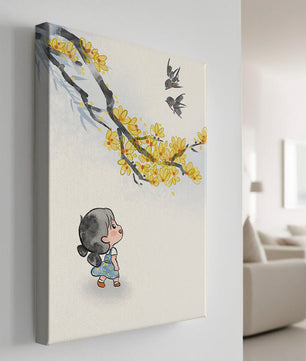 Charming illustration of a child gazing at birds and yellow blossoms
